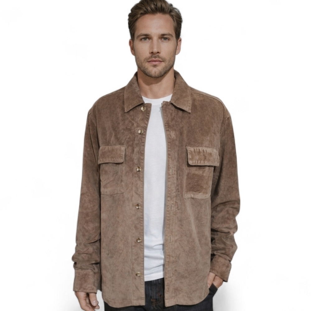 Vintage MARSHALL FIELD'S 100% genuine Leather Suede Shirt Jacket. Light Brown. M